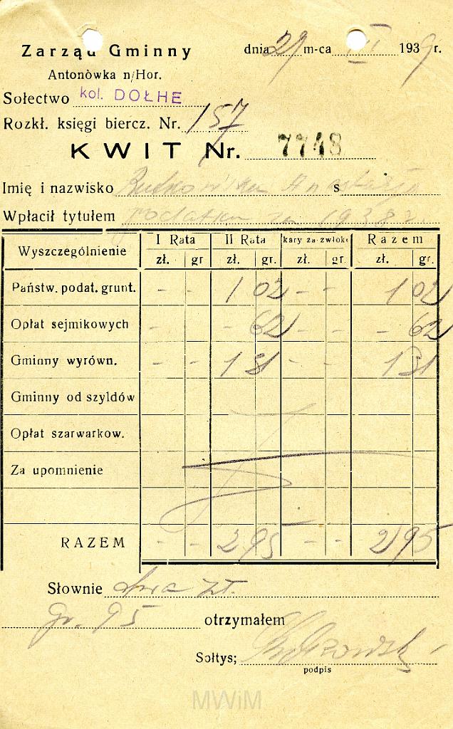 KKE 3540.jpg - Dokument. Stanisław Rutkowski podatek, Dołhe, 1939 r.